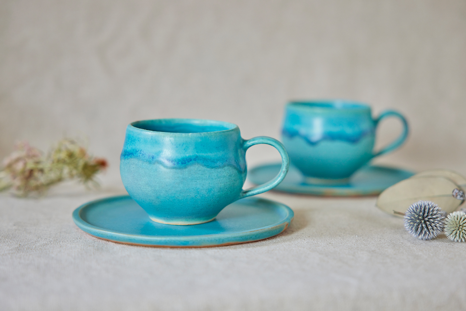 トルコブルーのマグカップ＆トレー　ペア